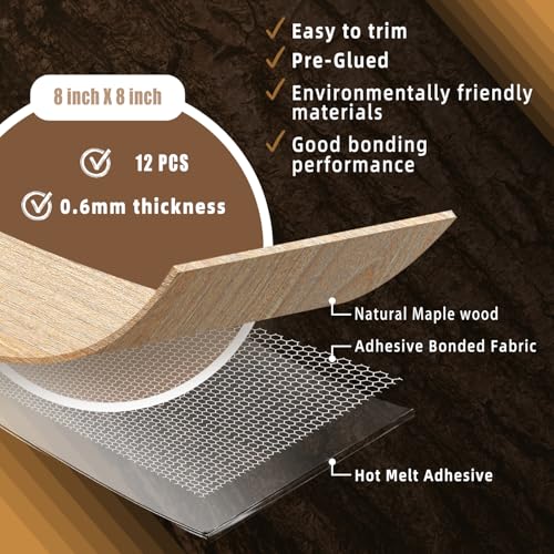 Image of GSCIT Club 12 PCS Maple Wood Veneer, 8 inch x 8 inch Wood Edge Banding Pre-glued Flexible, Veneer Tape Banding for Cabinet Repair Furniture Restoration