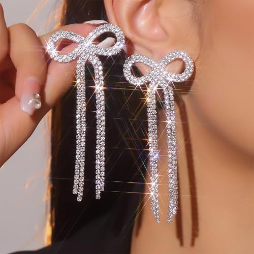 Silver Bow Earrings for Women Dangling Sparkly Rhinestone Long Tassel Chandelier Earrings Wedding Bridal Jewelry Prom Homecoming Dresses 2025 Stocking Stuffers2