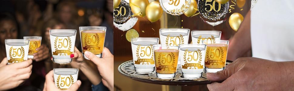 50th Birthday Shot Glass Gift Set - 50th Gold Anniversary Party Decoration - 2oz Set of 6 - With Gift Box - Image 8