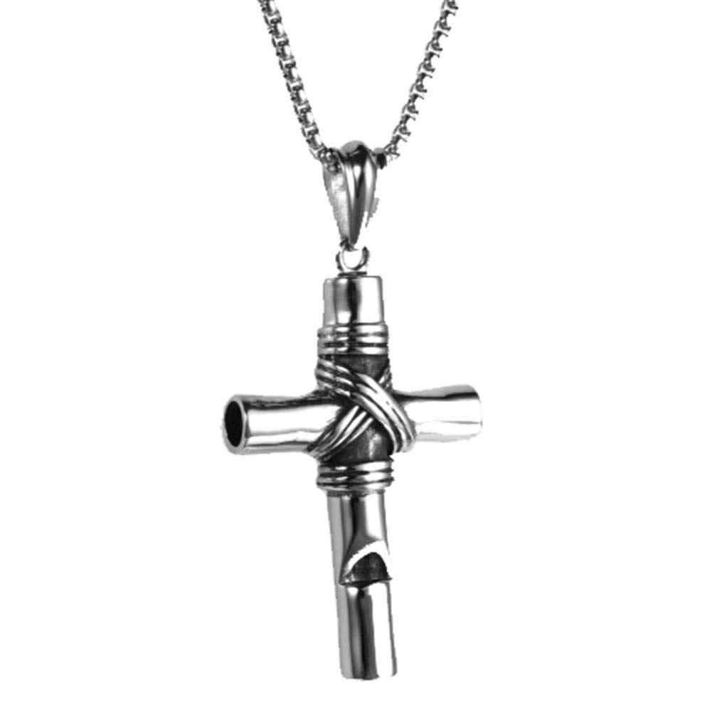 Mens Titanium Steel Silver Vintage Whistle Cross Pendant Necklace