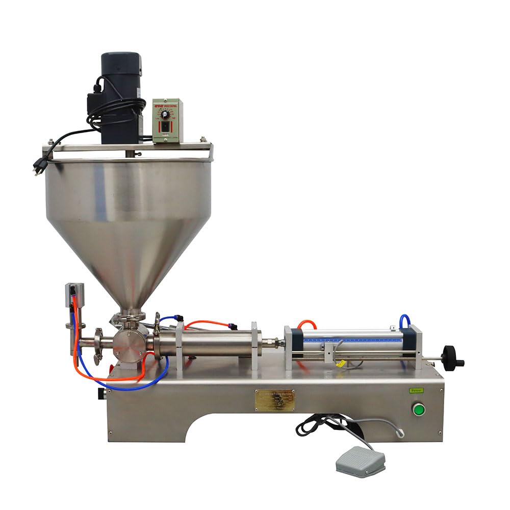 BEILOCKERY Pneumatic Paste Filling Machine with Vertical Mixing Hopper One Nozzle Piston Filler for Emulsion Creams Shampoo Toothpaste 50-500ml 110V