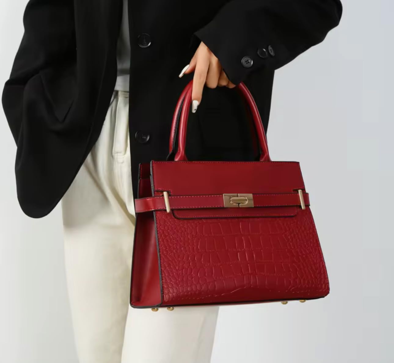 Women’s Croc-Embossed Satchel Handbag (Hermes Kelly Replica) – Top Handle Purse with Adjustable Crossbody Strap - Image 3