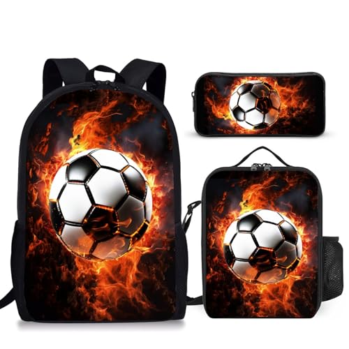 3PCS Boys Backpack, Kids Back To School Backpack with Lunch Box Pencil Case Set, Cool Soccer Backpack for Boys Teens, 17