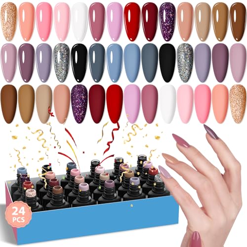 VANREESA Gel Nail Polish Set 21+3 Gel Polish Set Classic White Brown Purple Red Glitter Fall Winter Colours Soak Off UV Nail Polish Set Nail Varnish Kit Gifts for Women