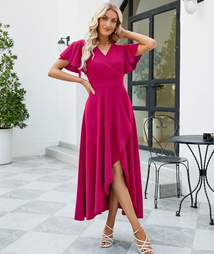 Image of Long Black Formal Dresses for Women Gowns Evening Party Cocktail Dress,Split Elegant V Neck Wrap Ruffle Wedding Guest Dresses