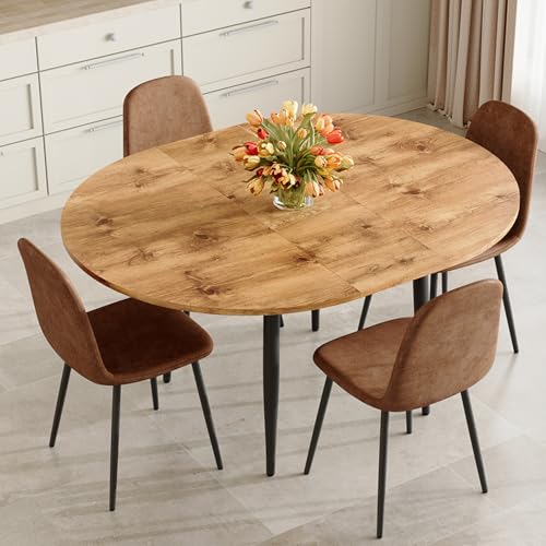Image of FURNITO Wood Dining Table Set for 4, 42 inch-54 inch Round to Oval Extendable Table with 4 Suede Upholstered Chairs, Space-Saving Contemporary Dining Room Set for Small Apartments or Kitchens, Easy Assembly