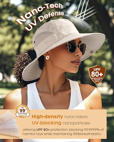 FURTALK Womens Sun Hat Beach Summer Wide Brim UPF 50+ Outdoor Protection Foldable Lightweight Ponytail Bucket Hat Beige, One Size
