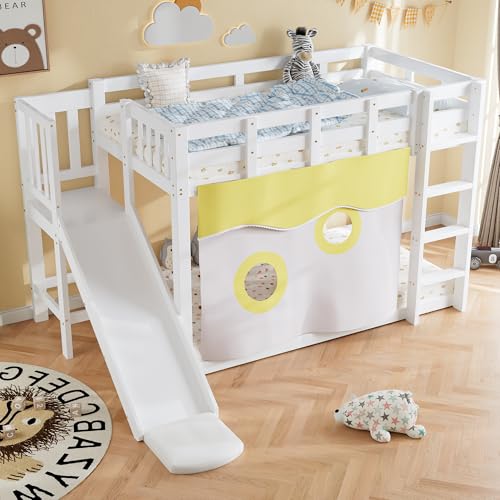 Ktipm Litera Infantil 90x200 cm con Cortina y Tobogán, Cama Infantil con Escalera y Protección Anticaída, Literas Infantiles Cama Tren con Lamas de Madera, Cama Infantiles, Sin Colchón (Blanco)