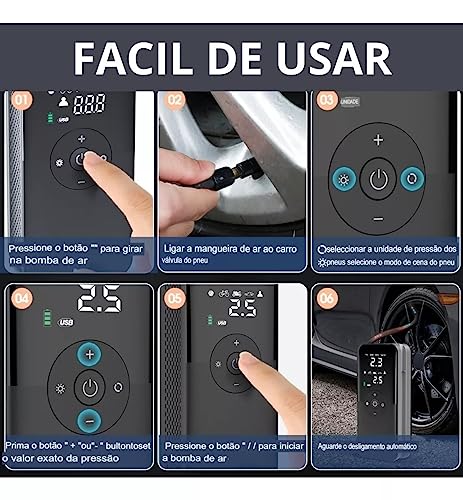 Mini Compressor De Ar Portátil Sem Fio Bomba Inflador Digital Pneu com lanterna LED