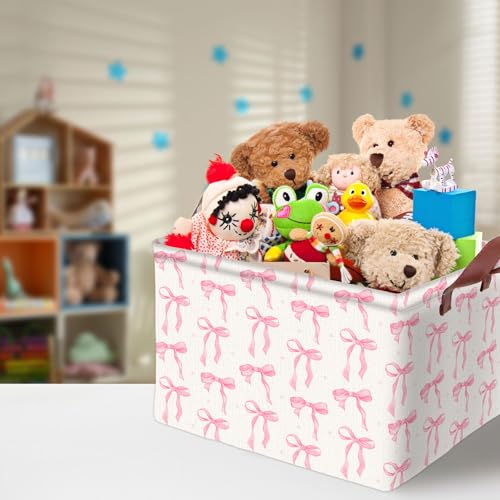 Image of Pink Bow Storage Basket Waterproof Canvas Toy Storage Bin Coquette Room Decor Collapsible Outdoor Basket with Leather Handles Pink Bow Room Decor Blanket Baskets For Closets,Bedrooms,Gifts Baskets