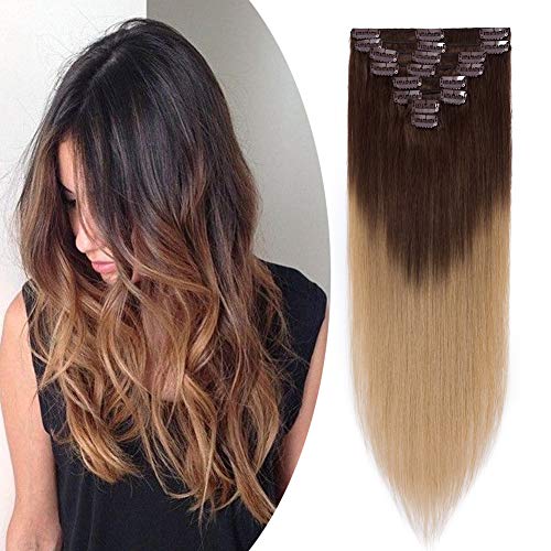 Ombre Clip in Remy Hair Extensions Human Hair Rooted Brown to Dark Blonde for Women 10 inch Seamless Clip on Real Hair Thin 8pcs Standard Weft Long Straight Hairpieces for Full Head #4-27