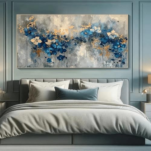 Cuadro de gran formato en lienzo: elegante diseño abstracto floral azul y dorado, decoración moderna de acuarela para sala de estar y dormitorio (40x80cm/sin marco).