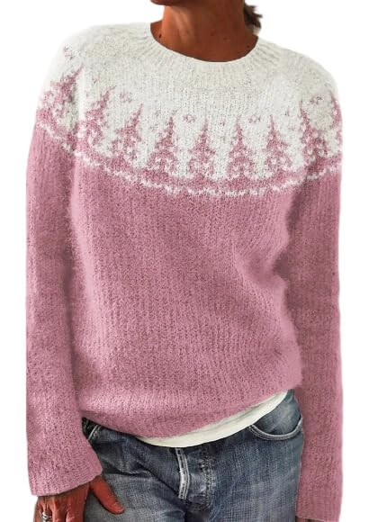 Fair Isle Sweater for Women Long Sleeve Sheep Sweater Casual Crewneck Chunky Pullover Knit Tops Early Fall Fashion