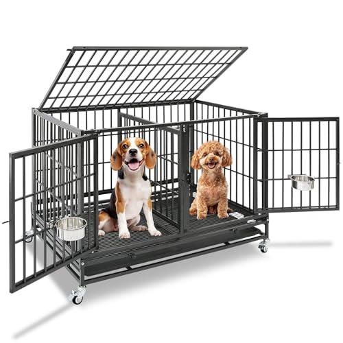 Homey Pet 43 Inch Dog Crate, Heavy Duty Stackable Dog Crate Cage Kennel for Medium Dogs with Divider, Bowls, 3 Door, Removable Grid & Tray, 4 Lockable Wheels, Breeding & Grooming Drop Cages for Dogs