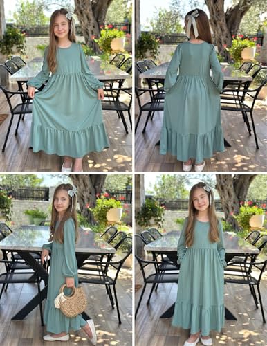 Image of Arshiner Girls Maxi Dresses Lantern Long Sleeve Casual Holiday Dress with Pockets for 5-14 Y