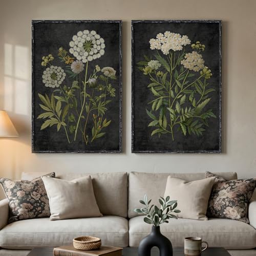 Large Framed Vintage Botanical Wall Art for Living Room, Moody