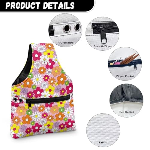 Image of ZUXONGSY Colorful Daisy Yarn Bag for Knitting Pink Knitting Crochet Tote Bag for Women Yarn Tote Handbags for Crocheting
