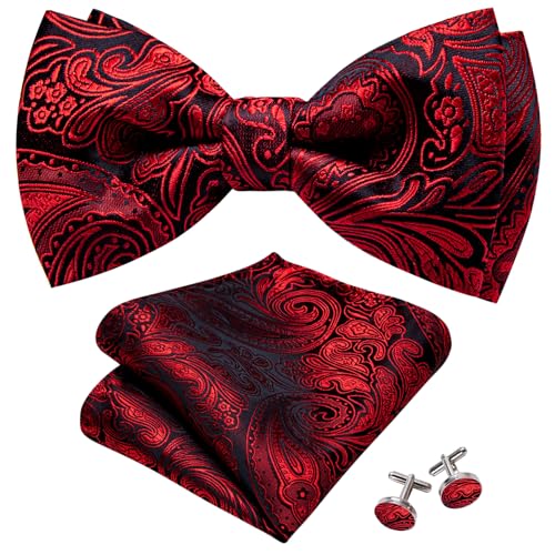 Image of Barry.Wang Paisley Striped Bow Tie for Men Silk Pre-Tied Bowtie Pocket Square Cufflinks Set Formal Wedding Party Prom
