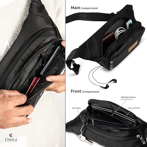 Image of Elmira Waist Bag for Men Women - Fanny Pack for Men Sling Bag for Men Chest Bag Crossbody Side Passport Travel Shoulder Small Waist Pouch for Mobile Cash (WST-001) (Black & Grey)
