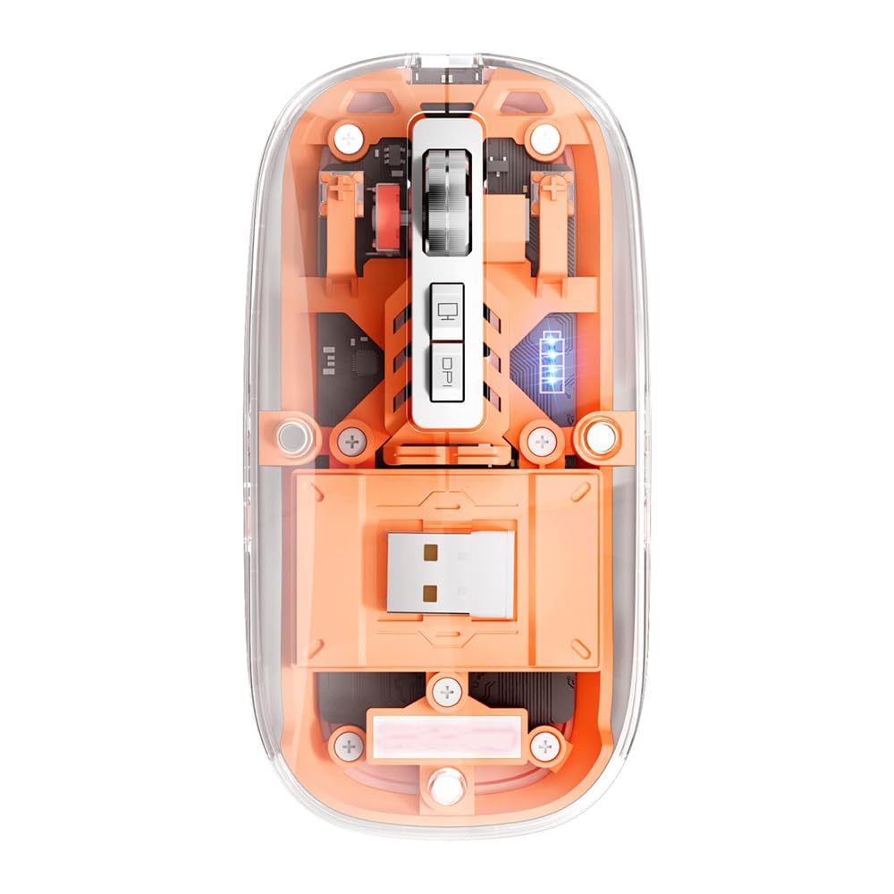 Azonee Wireless Bluetooth Mouse, Tri-Mode (BT1+BT2+2.4G) USB C Rechargeable Computer Mouse, Full Transparent Portable Silent Mouse with USB Receiver for Laptop PC Computer Macbook (Orange)