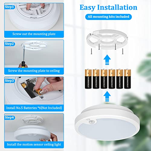 2-Pack Battery Operated Motion Sensor LED Ceiling Light, 7.2inch Flush Mount Light Fixture 6000K, Wireless Motion Activated Ceiling Lamp in 400LM for Closet Pantry Laundry Stair(Battery Not Included) by Brightever - Image 6