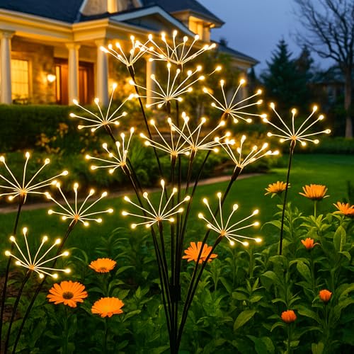 Solarleuchten Für Außen 2er Set,8 Modi Led Solarlichter Pusteblume,Wetterfeste Garten Solarleuchten Für Außen Gartenbeleuchtung,Dekorative Solarlampen Feuerwerk Für Garten Balkon Terrasse-Warmweiß