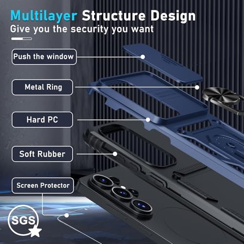 Janmitta Compatible with Samsung Galaxy S26 Ultra Case Built in Slide Camera Lens Cover+Screen Protector+Finger Ring Holder Kickstand,Heavy Duty Shockproof Full Body Phone Cover,2026 Blue by Janmitta - Used condition - Image 4