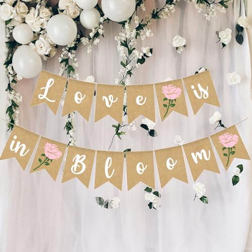 Image of Love Is In Bloom Banner Floral Bridal Shower Decoration Flower Burlap Garlands Blooming Shower Supplies, pink