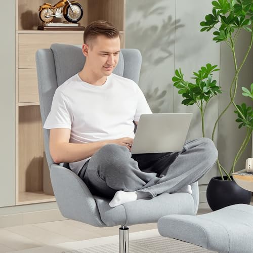 HOMCOM Relaxsessel mit Hocker, 360°drehbarer Fernsehsessel mit hoher Rückenlehne, TV-Sessel mit Samtoptik, Kopfstütze, Metallsockel, Polstersessel für Wohnzimmer, Grau