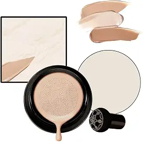 Base para pele madura – Base de almofada de ar CC de tom quente, cobertura total, creme BB de longa duração com aplicador de cogumelos, acabamento radiante natural