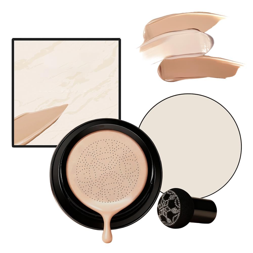 Foundation for Mature Skin – Warm Tone CC Air Cushion Foundation, Full Coverage Long-Lasting BB Cream with Mushroom Applicator, Natural Radiant Finish