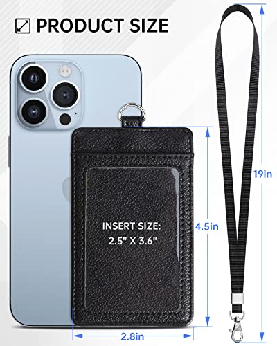 Teskyer Badge Holder with Lanyard, Leather ID Name Badge Card Holder with Lanyard for ID Badges, Vertical, Lychee Pattern Black