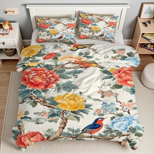 Housse de Couette 220x240 Fleur De Pivoine Parure de Lit Oiseau 3 Pcs - 3