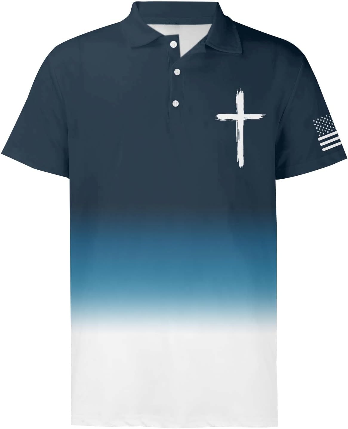 Mens Polo Shirt Gradient Christian Jesus Faith Cross American USA Flag Golf T-Shirts Casual Short Sleeve Work Tops