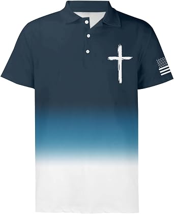 Christian Polo Shirts for Men Jesus Faith Cross American Flag Patriotic Golf T-Shirts 4th of July USA Flags Tee Tops