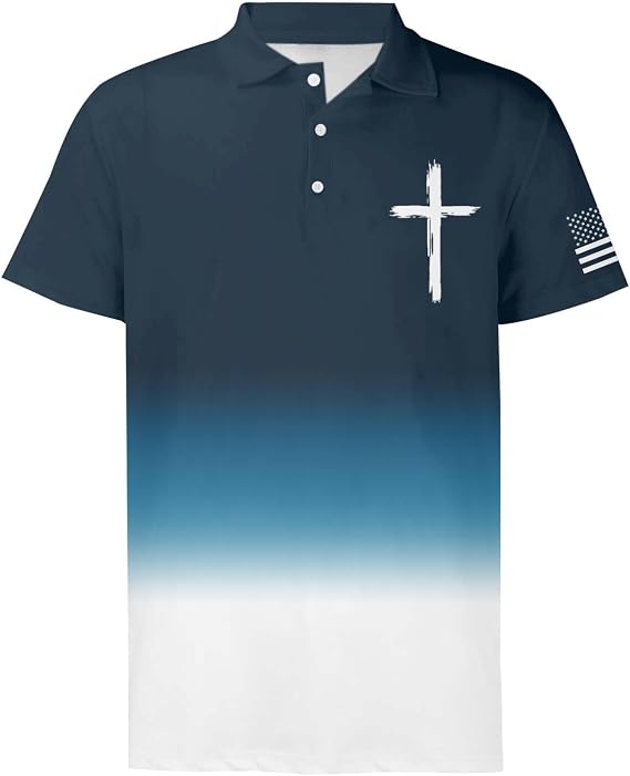 Christian Polo Shirts for Men Jesus Faith Cross American Flag Patriotic Golf T-Shirts 4th of July USA Flags Tee Tops