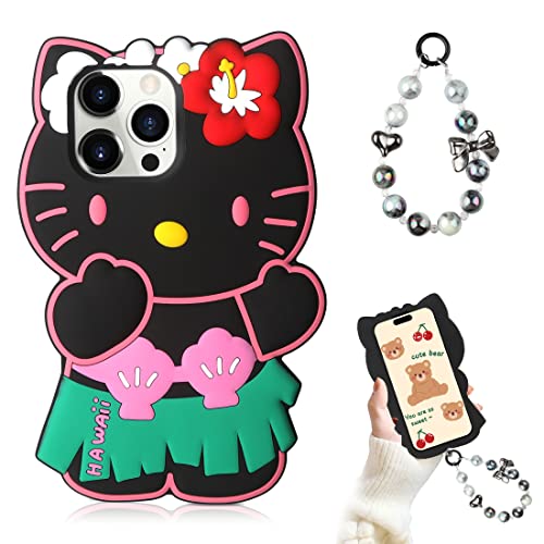 Honeyake Cat Case 3D Cartoon For Iphone 14 Pro Max Phone Case With Bracelet Chain, Kids Girls Women Cool Fun Cute Kawaii Animal Cases Soft Silicone Funny Unique Character Protective Cover Black/Pink #TOP16