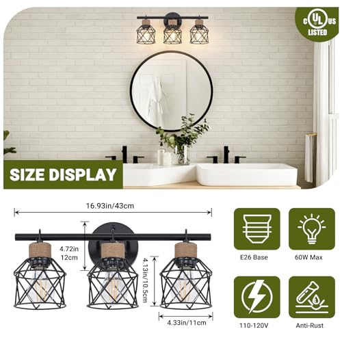 3-Light Farmhouse Bathroom Vanity Light Fixtures Over Mirror, Matte Black Vanity Lights with Metal Cage Lampshade, Vintage Bathroom Sconces Wall Lighting for Living Room Bedroom Hallway Cabinet