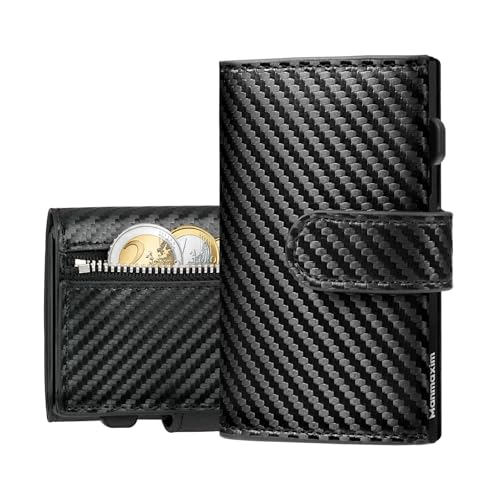 Manmaxim Cartera para Hombre Slim de Fibra de Carbono con Bloqueo RFID, Tarjetero con Ranuras para Tarjetas de Crédito y Clip para Billetes, Pop-up Billetera Hombre Tri-Fold con Caja de Regalo - Negro