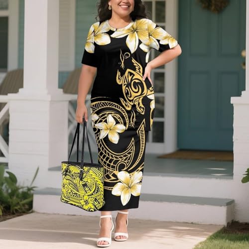 Image of Puletasi Samoan Traditional 2 Piece Outfits for Women Short Sleeve Crop Top and Maxi Skirt Sets Puletasi Dress