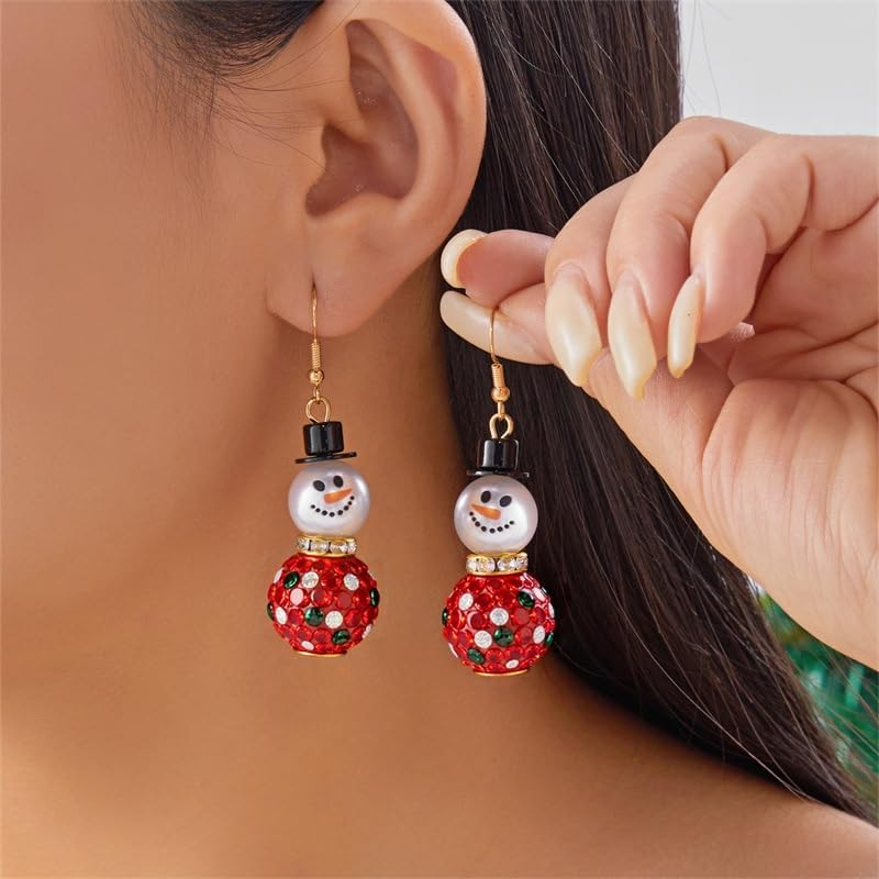 Snowman Earrings for Women Dainty Crystal Snowman Dangle Earrings Red Green Christmas Pearl Earrings Christmas Holiday Jewelry Gifts Costume Accessories - Image 2