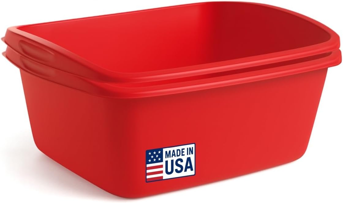 2-Pack Dish Pans for Kitchen Sink, Plastic Tub Dishpan Wash Basin and Foot Bath for Soaking Feet, Wash Bucket for Washing and Storage Cleaning Supplies - 12 Quarts - Heavy Duty - (Red)