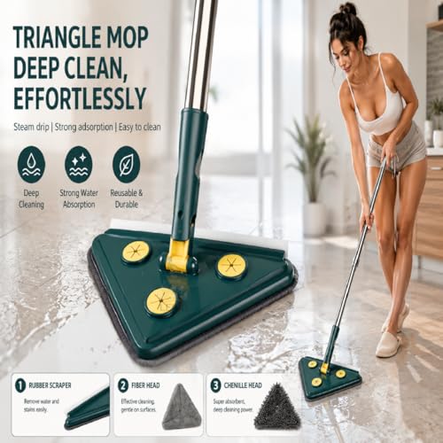 Image of 360 Rotating Triangle Mop with Adjustable Long Handle, Microfiber Flat Mop for Floor, Wall & Corner Cleaning, Easy Squeeze Cleaner for Home & Kitchen