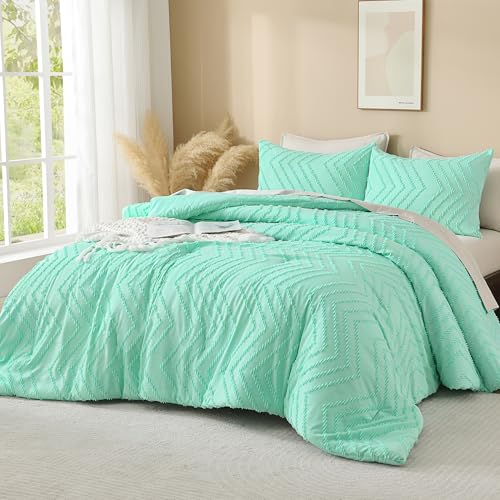 Image of Andency Mint Green Comforter Set Full Size, Boho Soft Warm Tufted Neutral Bedding Comforter Sets for Full Bed, 3 Pieces Aesthetic Chevron Cute Bohemian Textured Bedding Set