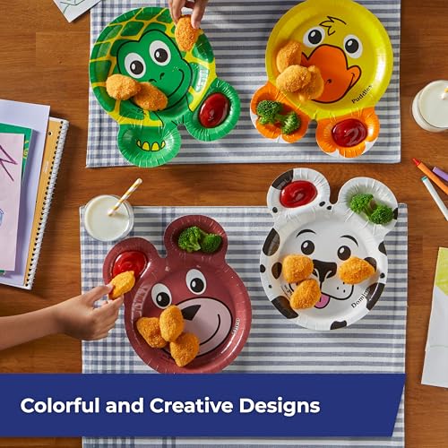 Image of Hefty Zoo Pals Party Editon 7.75 Inch Paper Plates with Two Dipping Compartments and 10 Fl. Oz. Plastic Cups for Parties or Everyday Use (20 plates, 25 cups)