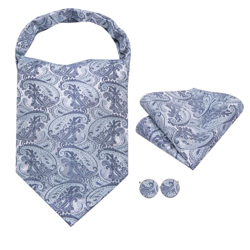 Image of Hi-Tie Silk Ascot for Men Self Tie Men's Cravat and Flower Lapel Pin Handkerchief Cufflinks Set for Wedding Party