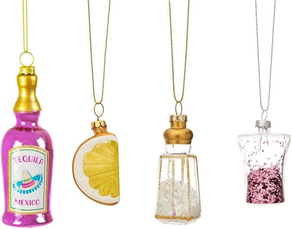 Novelty Christmas Decorations - Tequila Set. Fun Baubles with Tequila Bottle, Lemon, Salt & Glitter Shot Glass. Kitsch Hanging Mini Christmas Tree Decorations. Cocktail Drink Themed Quirky Ornaments.