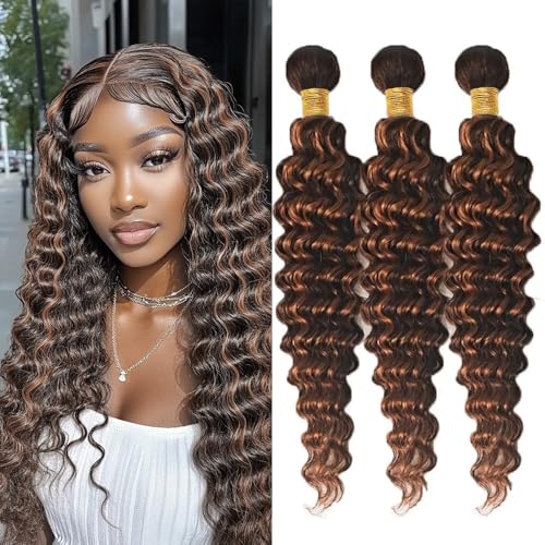 Dokksiiia 1B/30 Highlight Piano Color Bundles Deep Wave Human Hair Bundles P1B30 Black and Light Brown Mix Double Weft Brazilian Human Hair Extensions 10/12/14 Inch for Black Women