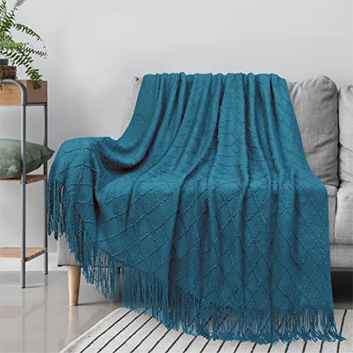 Pavilia Teal Blue Knit Throw Blanket Couch, Soft Knitted Boho Blanket, Farmhouse Home Decor Woven Throw, Cozy Decorative Afghan Bed Sofa, Outdoor Summer Fall Gift, Lightweight, Turquoise Blue, 50X60 #TOP1