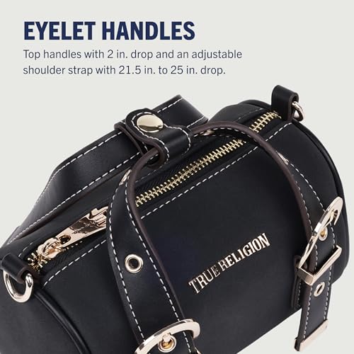 True Religion Metal Plaque Quilted Crossbody Bag, Quilted Shoulder Purse with Gold Logo and Adjustable Handbag, Black4